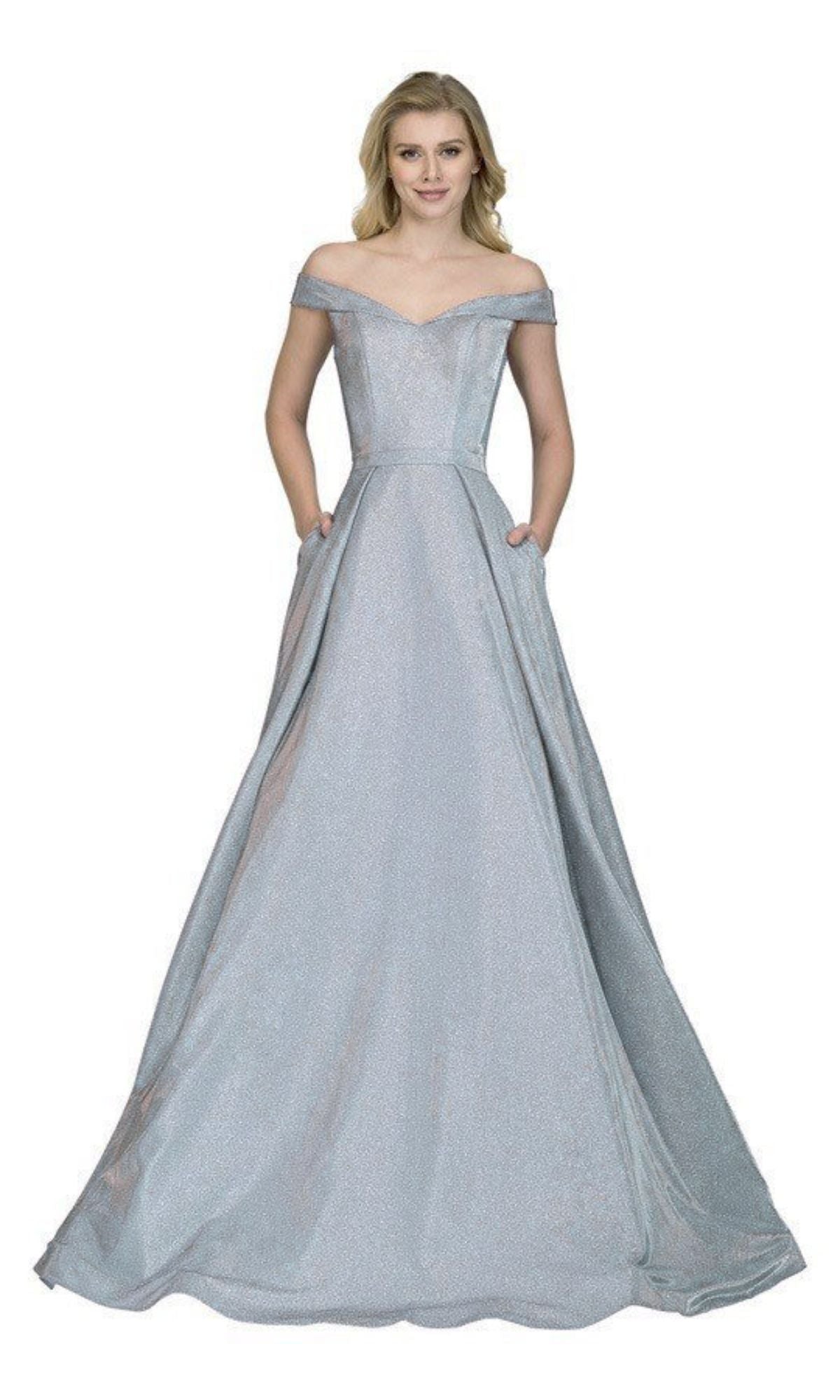A woman models the Off-Shoulder Long A-Line Prom Dress: Chicas BT9017, a silver floor-length gown with pockets, styled against a white background.